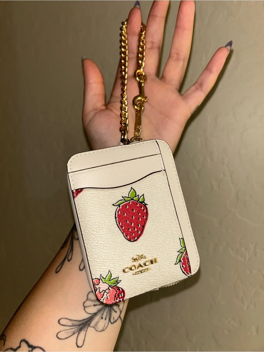 Coach Cream Strawberry Print Zip Card Case with Gold Chain